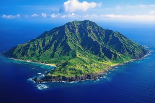 Lush green volcanic island emerging from the deep blue sea in japan photo