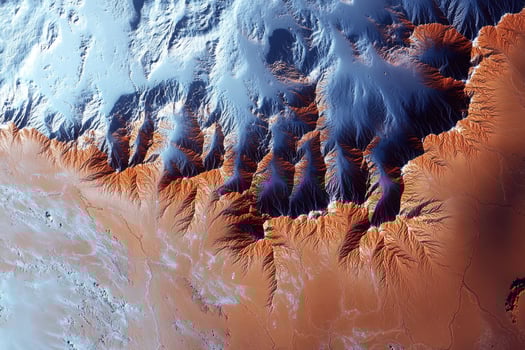 Satellite image showing desert landscape with snow capped mountains photo