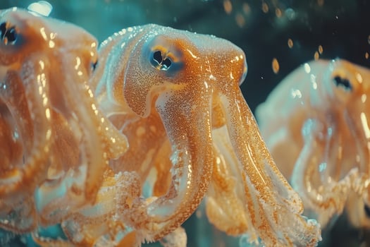 Stubborn cuttlefish swimming in dark water with air bubbles photo