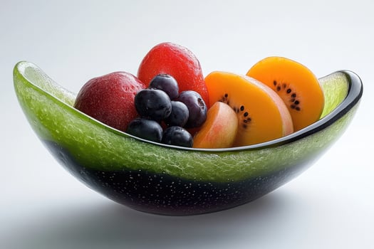 Fresh fruit platter featuring sliced peach, plum, blueberry, and kiwi in green glass bowl photo