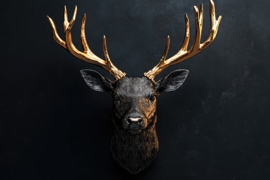 Majestic deer head with golden antlers mounted on black wall photo