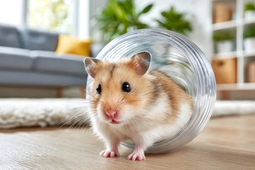 Syrian hamster exploring transparent tube in cozy living room photo