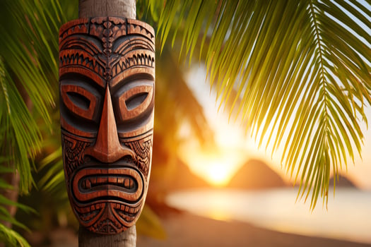 Tiki mask hanging on palm tree at sunset on tropical beach photo