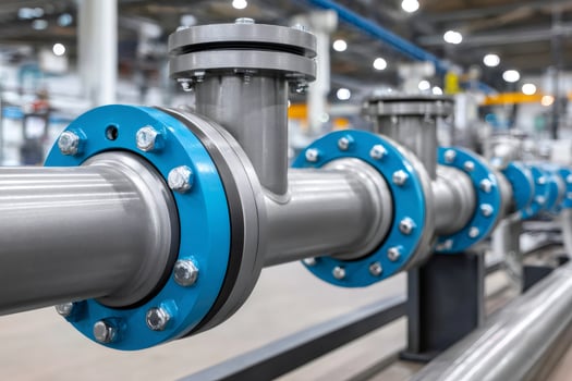 Large industrial pipes with flanges and bolts connecting in a factory photo