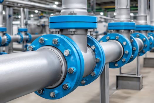 Large industrial pipes with flanges connecting in modern factory photo