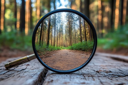 Magnifying glass showing forest path leading to bright future photo