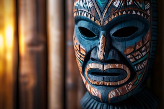 Traditional tiki mask representing polynesian culture with bamboo background photo