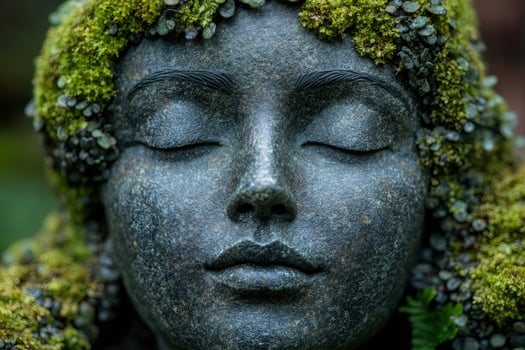 Stone face sculpture covered in moss with eyes closed meditating in nature photo