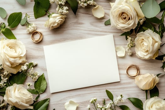 Wedding invitation mockup with white roses, gypsophila and gold rings on wooden table photo