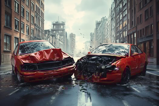 Two red cars crashing violently on city street after an accident photo