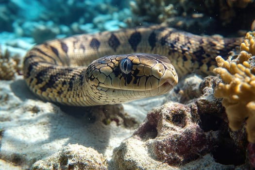 Olive sea snake swimming over coral reef in shallow water photo