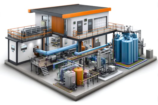 Modern industrial building with processing equipment and storage tanks photo