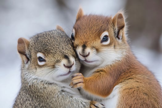 Two squirrels embracing in winter scene photo