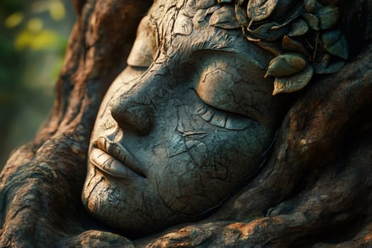 Mother nature resting peacefully in the forest, adorned with leaves photo