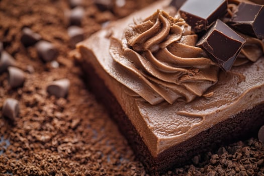 Delicious chocolate cake with chocolate frosting and chocolate shavings photo