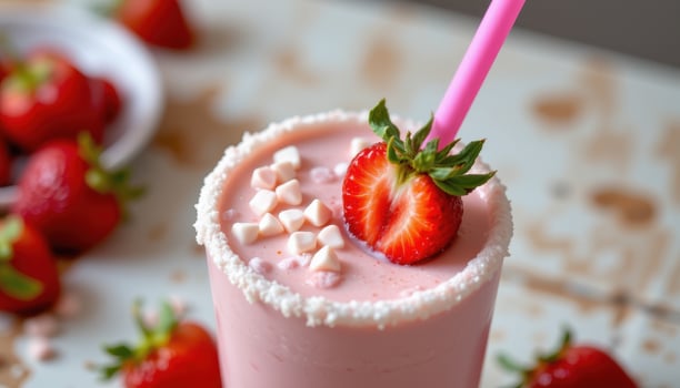 a strawberry milkshake with pink straw and sugar rim. photo