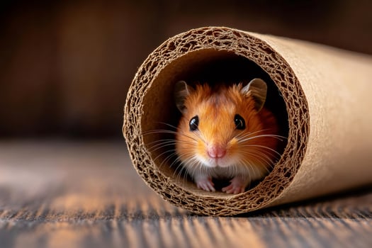 Cute hamster hiding inside cardboard tube on wooden surface photo