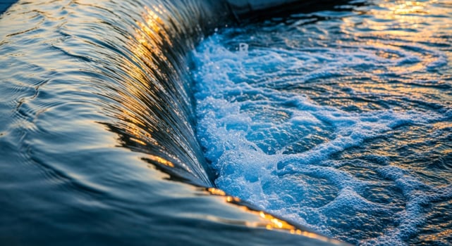 Vibrant blue water flowing over a concrete barrier with golden sunlight reflection photo