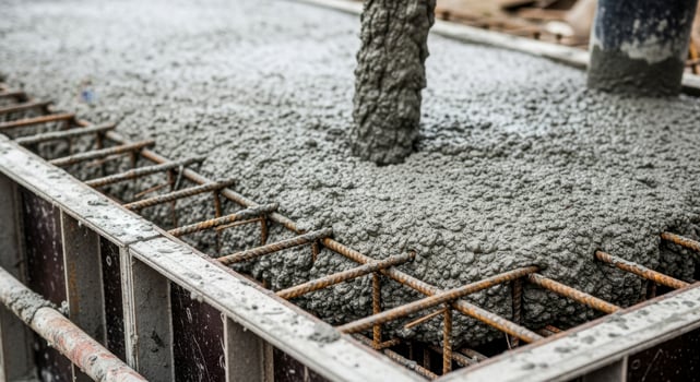 Fresh concrete being poured into a foundation with rebar for a new construction project photo