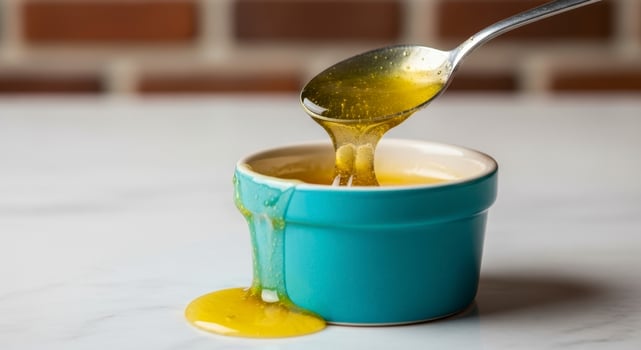 Golden yellow honey being poured from a silver spoon into a blue bowl photo