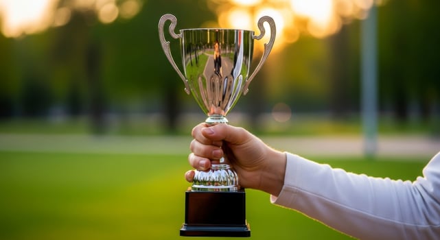 Hand holding a gleaming silver trophy symbolizing victory and achievement in an outdoor setting photo