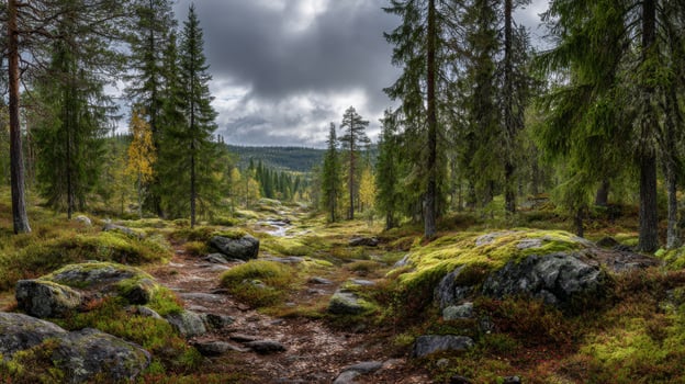 Serene Forest Landscape with Lush Greenery and Rocky Pathway Under Dramatic Cloudy Sky in Natural Wilderness photo