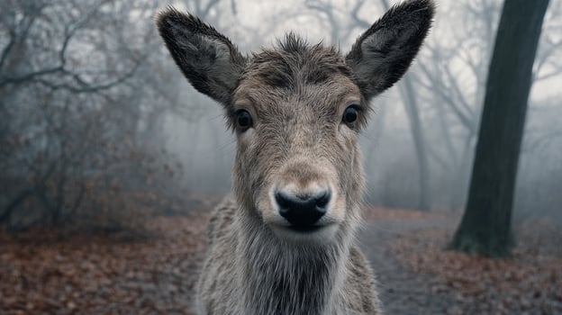 Close-up of a Curious Deer in a Misty Forest Surrounded by Trees and Fallen Leaves in a Moody Atmosphere photo