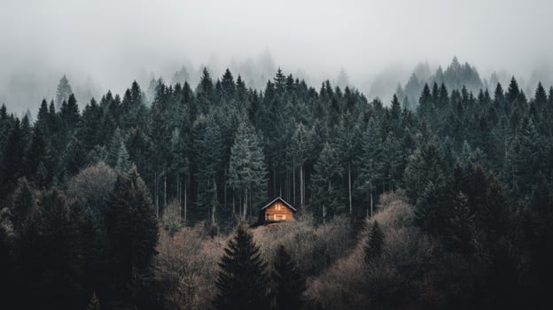 Cozy wooden cabin surrounded by misty forest and tall evergreen trees under a serene and atmospheric sky photo