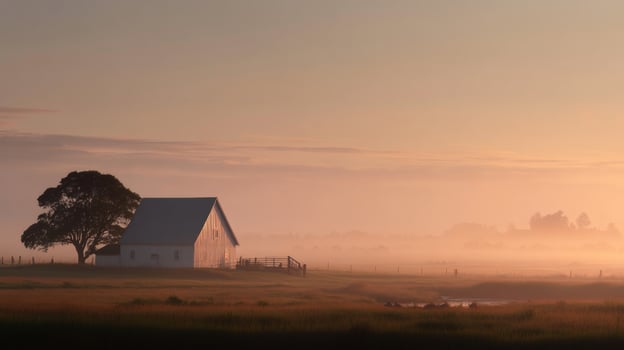 Serene Misty Morning at a Rural Farmhouse Surrounded by Dewy Fields and Gentle Sunrise Glow photo