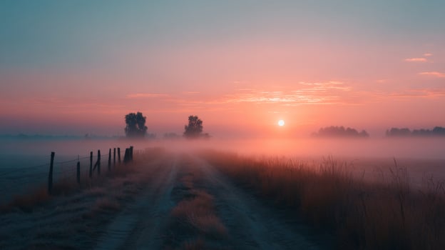 Misty Sunrise Over Tranquil Country Road with Soft Horizon and Silhouetted Trees photo