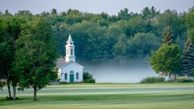 Serene Landscape with White Church Steeple Surrounded by Lush Green Trees and Misty Horizon at Sunrise photo