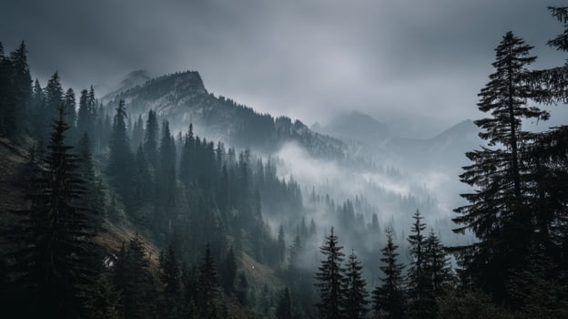 Misty Mountain Landscape with Dense Forest and Overcast Sky in a Dramatic Atmosphere photo