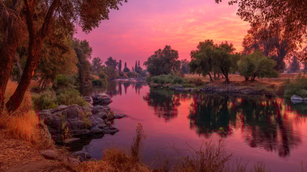 Tranquil Sunset Over Calm River Surrounded by Lush Trees and Golden Grass in a Serene Landscape photo