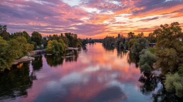 Serene Sunset Reflection Over Calm River Surrounded by Lush Trees and Vibrant Sky in Tranquil Nature Setting photo