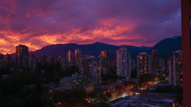 Vibrant City Skyline at Sunset with Majestic Mountains and Dramatic Cloudscape in the Background photo