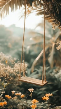 Wooden Swing Hanging Under Tropical Tree near Flowers in Sunny Garden for gardening photo