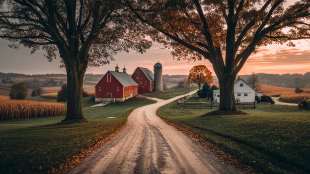 Serene Country Road Leading to Rustic Red Barns and Silos at Sunset Surrounded by Lush Green Fields and Trees photo
