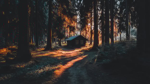 Tranquil Cabin Retreat Surrounded by Vibrant Autumn Forest and Soft Sunlight in Serene Nature Setting photo