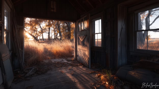 Sunlight Streaming Through an Abandoned Cabin as Nature Reclaims the Space with Golden Hour Glow and Rustic Charm photo