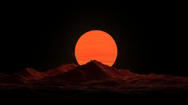 Stunning Digital Artwork of Orange Sun Setting Behind Majestic Mountains in Dark Atmosphere with Unique Textures photo