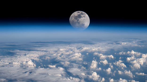 Breathtaking view of the moon rising above clouds from space showcasing the vastness of the universe and serene atmosphere photo