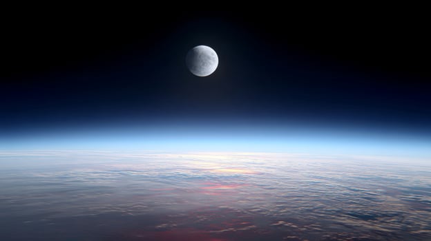 Breathtaking View of Earth from Space with Moon Overhead Against a Darkening Sky and Striking Atmospheric Colors photo