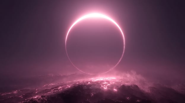 Ethereal landscape with glowing circle in purple fog, mystical scenery, cosmic atmosphere, dreamlike horizon, surreal view photo