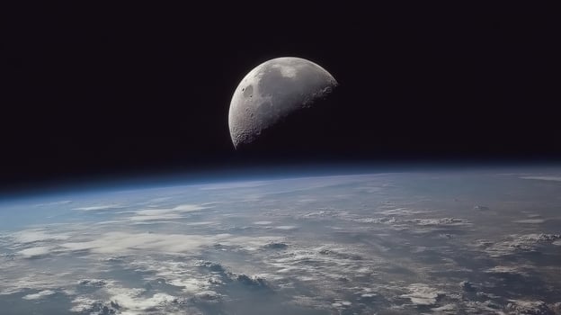 Stunning view of Earth from space showcasing the beauty of the moon above and the atmospheric layers in the background photo