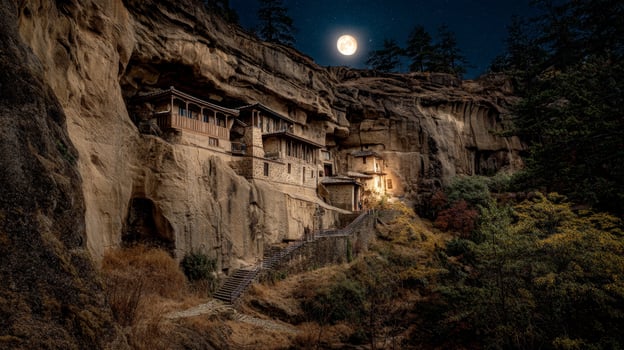 Serene Moonlit Landscape Featuring Ancient Cliffside Monastery Surrounded by Nature and Mystery in a Starry Night Sky photo
