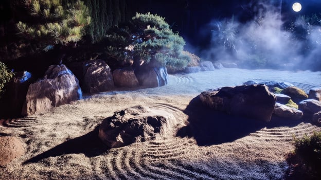 Tranquil Night Landscape Featuring Zen Garden with Rocks, Raked Sand, Pine Trees, and Soft Mist in Moonlight Glow photo