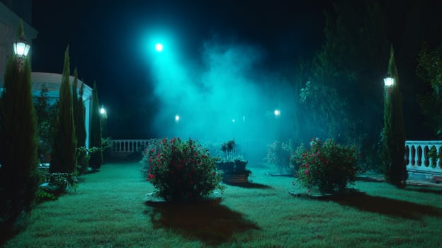 Serene Night Garden with Mysterious Fog and Soft Blue Light Illuminating Lush Green Grass and Beautiful Flower Bushes photo