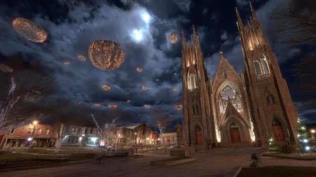 Majestic Gothic Architecture Under Breathtaking Night Sky with Floating Lights and Moonlight in a Tranquil Town Square photo