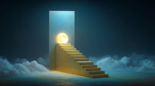 Surreal staircase leading to glowing moon portal in dreamy atmosphere with clouds and soft light effects photo