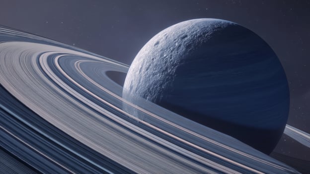 Stunning depiction of a distant planet with intricate rings and a serene blue atmosphere in an outer space setting photo